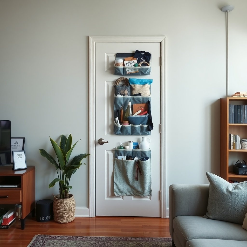 A door with an over-the-door organizer filled with various items, showcasing a neat storage solution.