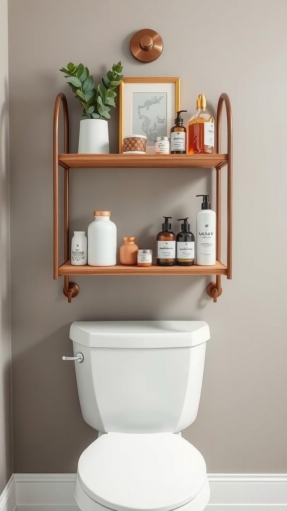 Stylish over-the-toilet storage with shelves holding various toiletries and decor.