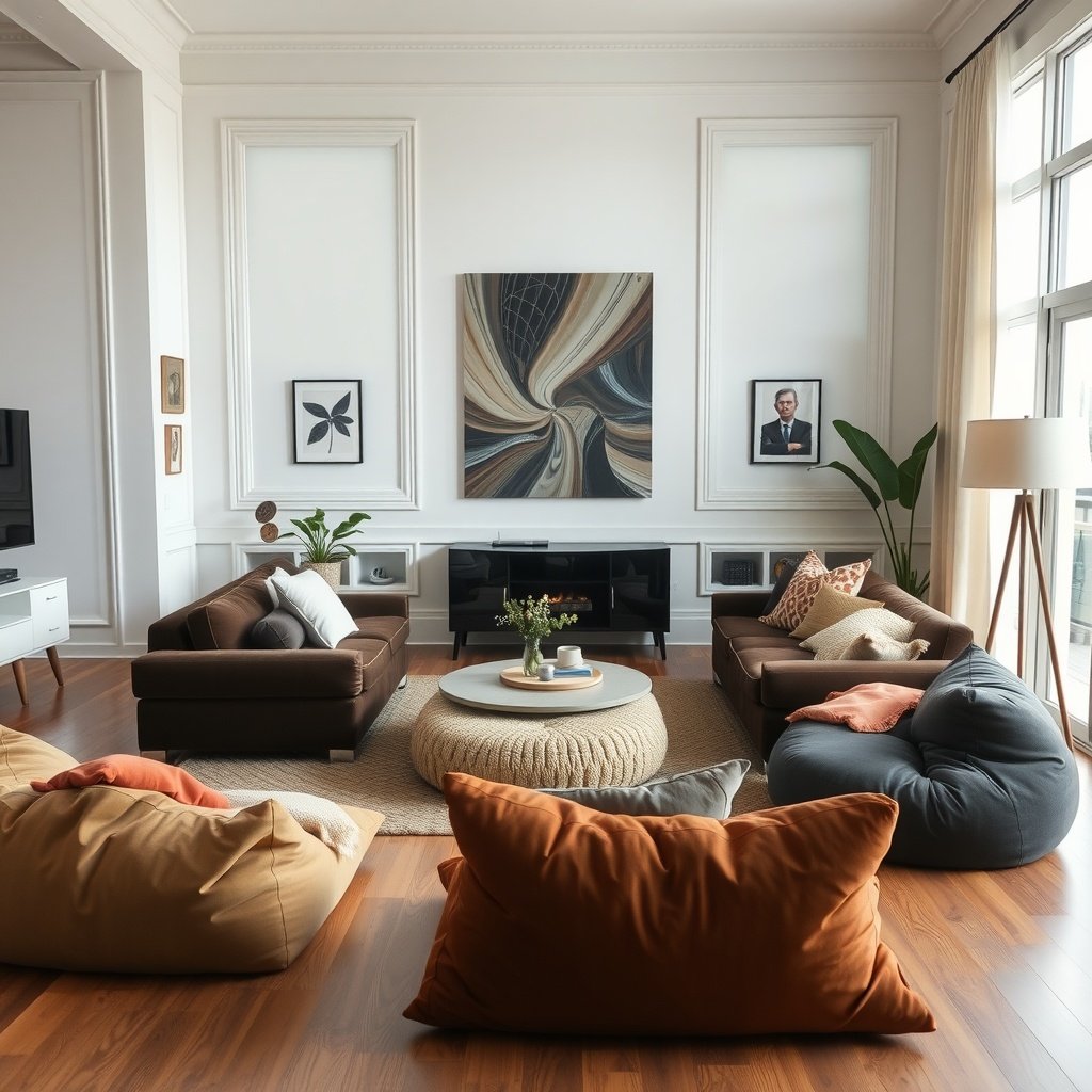 A cozy living room featuring oversized floor cushions in various colors, a round coffee table, and stylish decor.