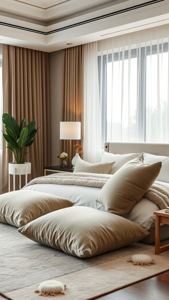 A cozy bedroom with oversized floor cushions, soft blankets, and natural light.