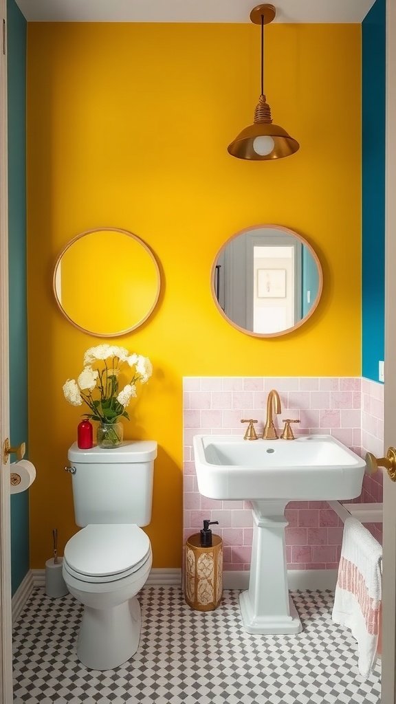 A colorful painted accent wall in a modern bathroom with a clean design.