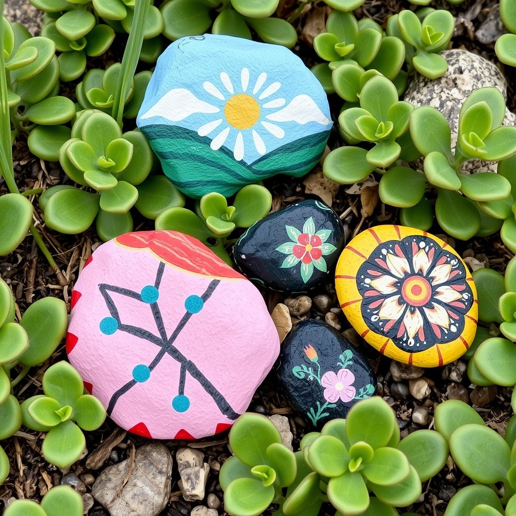 Colorfully painted rocks among green plants in a garden setting.