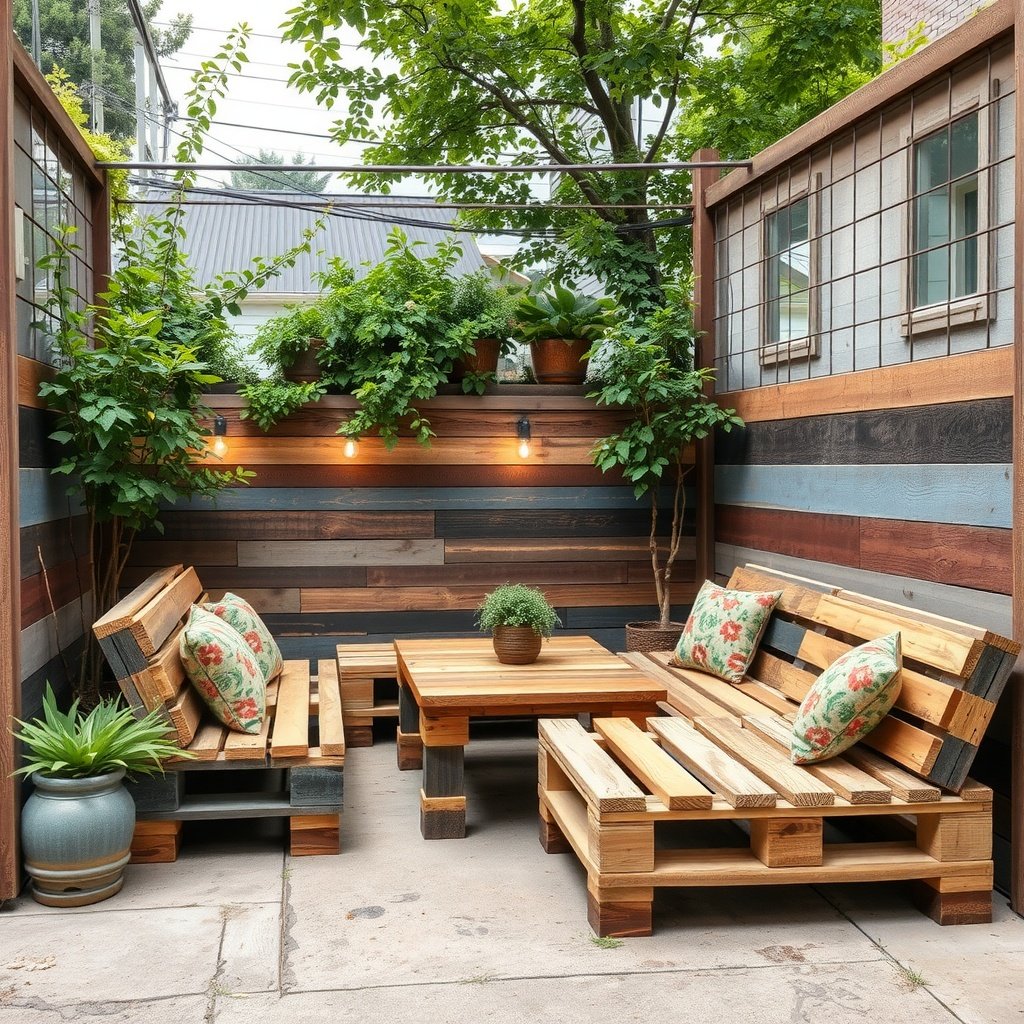 Outdoor seating area made with pallet wood furniture, featuring cushions and surrounding greenery.
