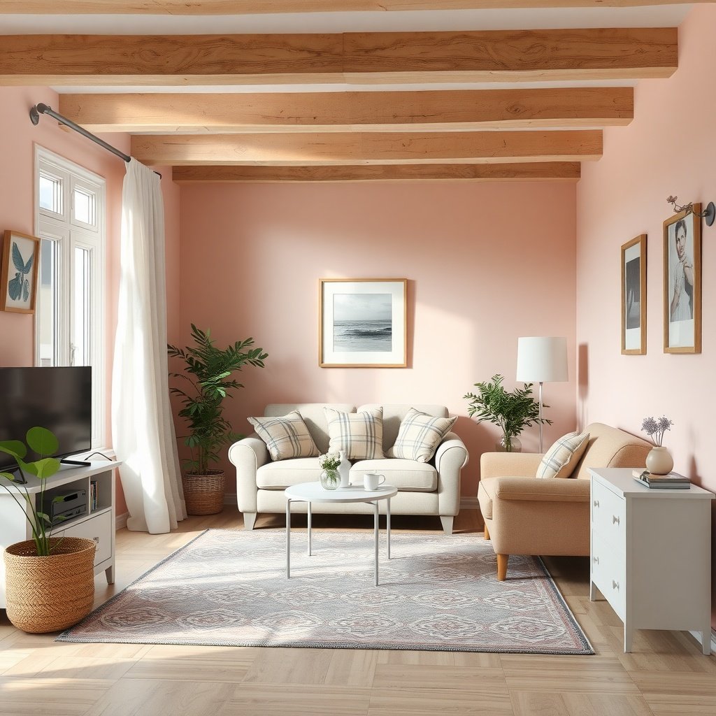 Living room with pastel-colored walls and soft furniture