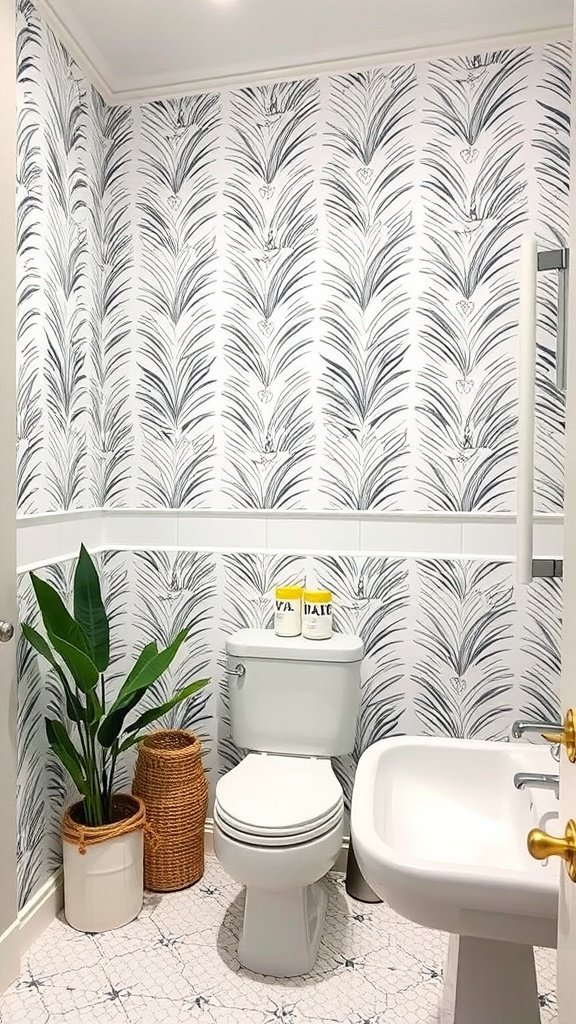 A bathroom with peel-and-stick wallpaper featuring a black and white leaf pattern, a plant, and a clean modern design.