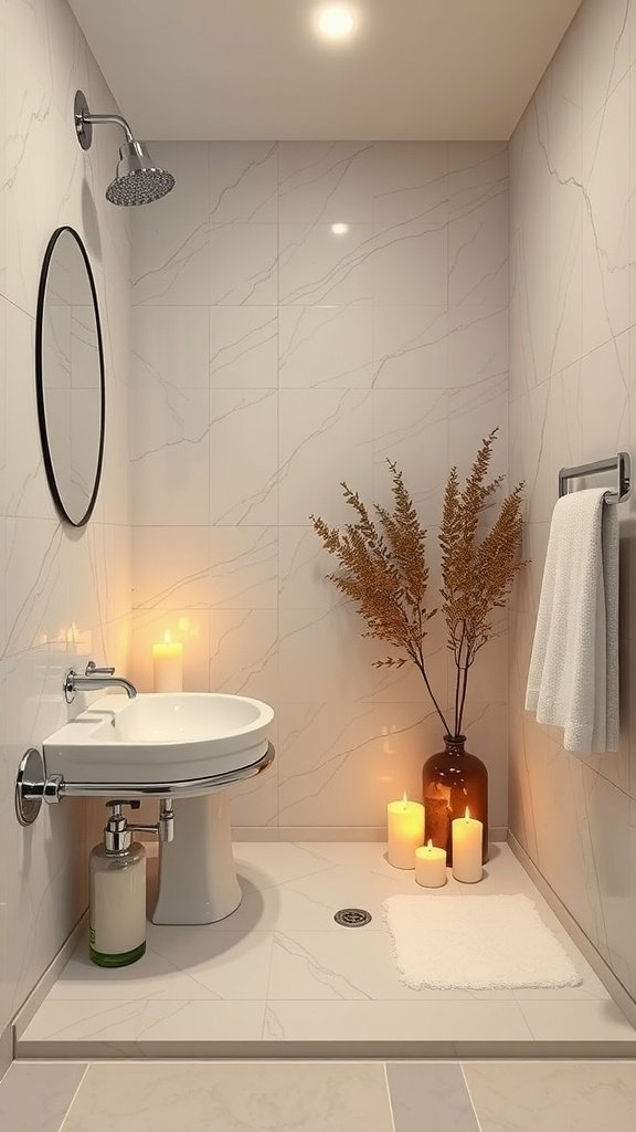A serene bathroom space featuring a modern sink, soft lighting, candles, and decorative plants.