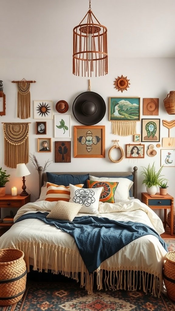 A boho bedroom featuring a variety of personalized art and crafts on the walls.