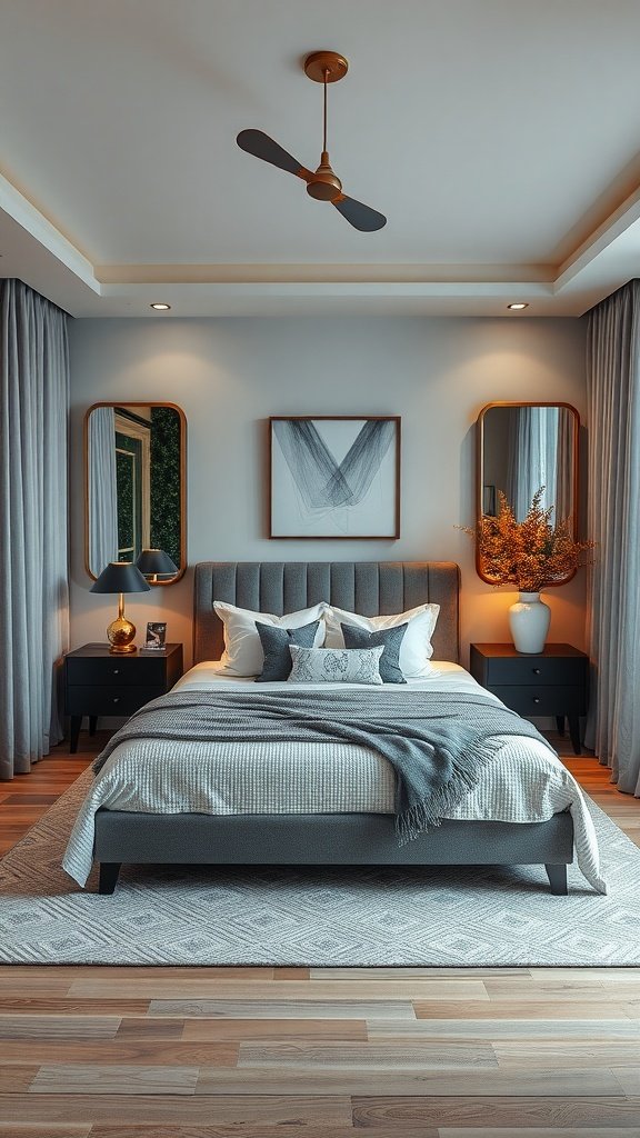 Cozy bedroom with neutral decor, featuring personalized touches like art and decorative pillows.