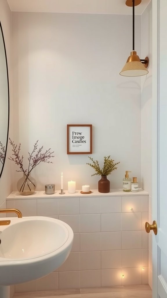 A serene bathroom setting with candles, plants, and a modern sink.