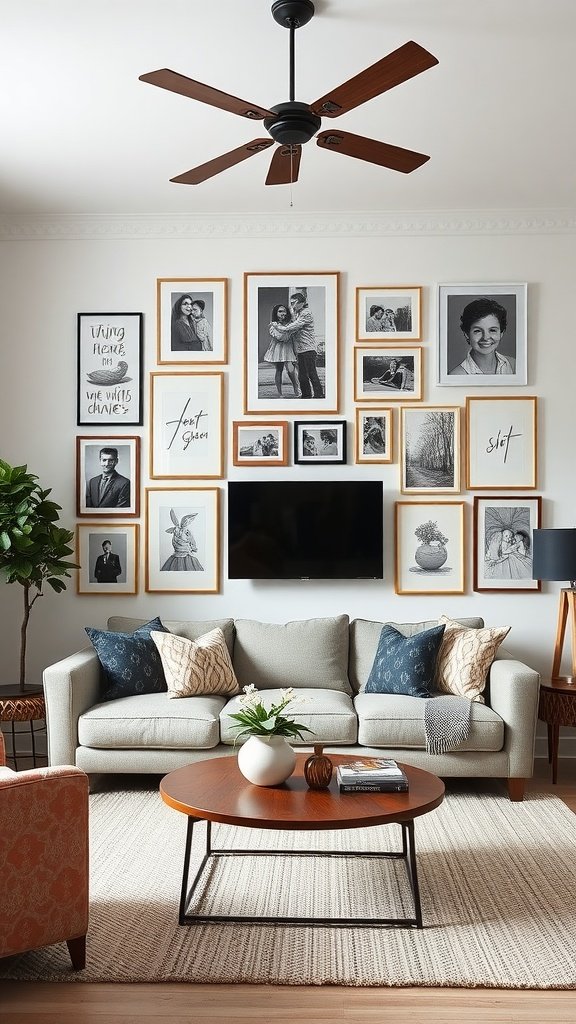 A cozy living room featuring a gallery wall filled with framed black and white photos and art.