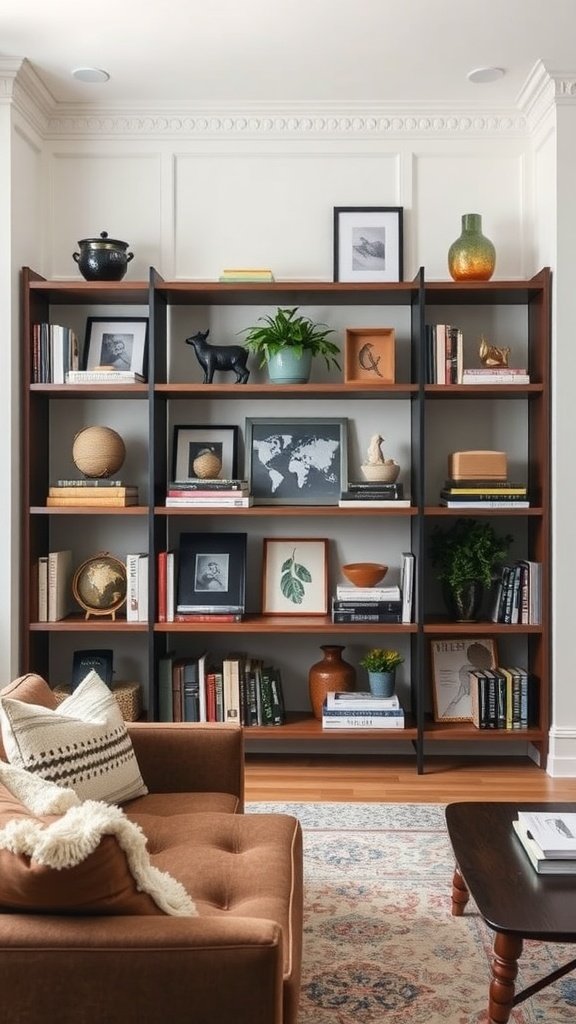 A well-arranged bookshelf with various decorative items, books, and plants.