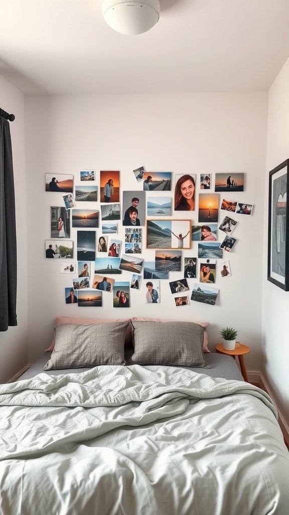 A cozy bedroom featuring a bed with gray pillows and a wall filled with personal photos.
