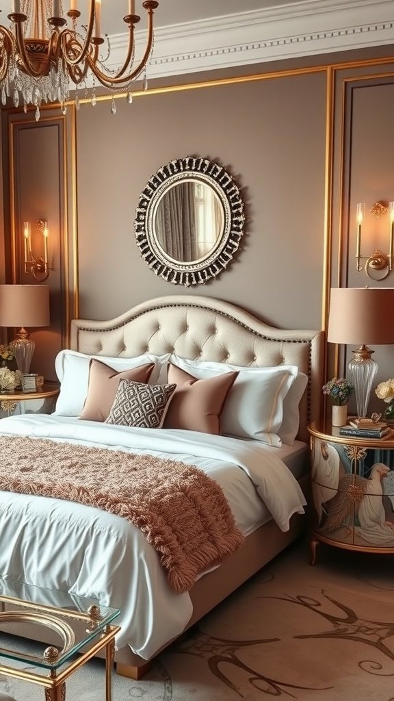 Luxury bedroom with a stylish bed, elegant decor, and a cozy atmosphere