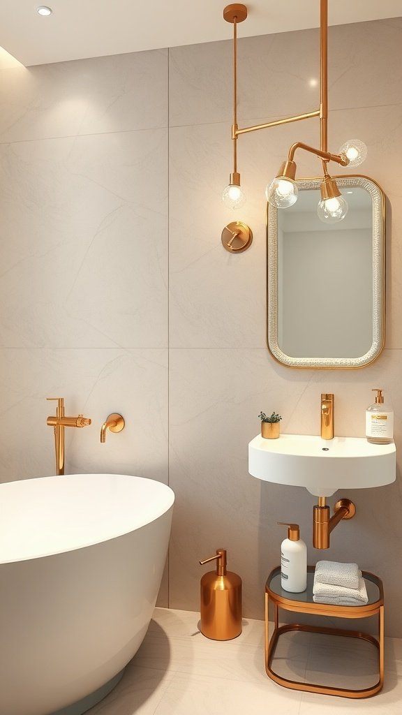 Elegant bathroom with gold fixtures and modern design.