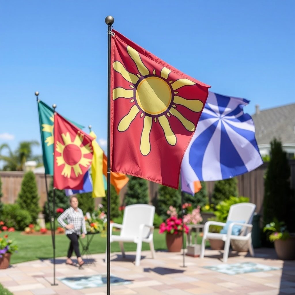 Colorful garden flags hanging in a sunny patio setting