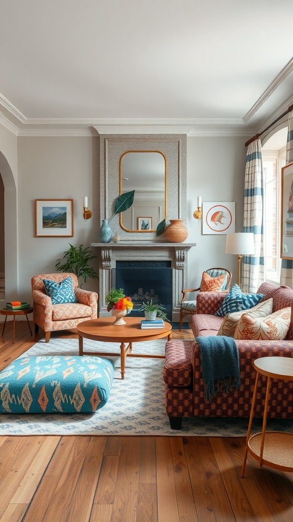 A cozy living room featuring colorful patterns and textures in furniture and decor.