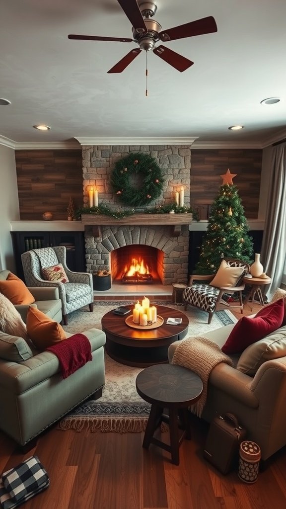 Cozy living room with plush seating, warm throws, and a fireplace