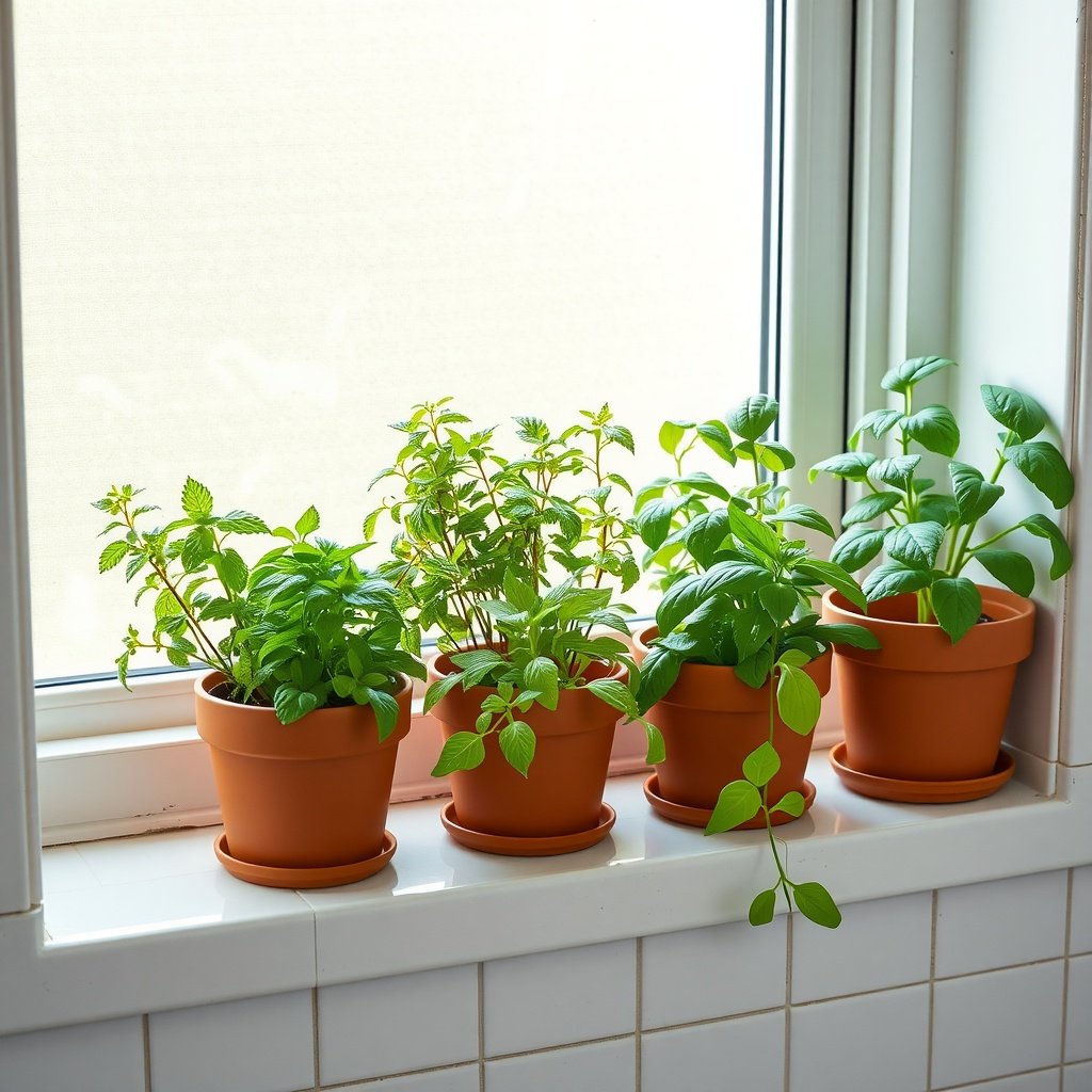 A bathroom window with various potted herbs arranged on the sill, with a modern sink below.