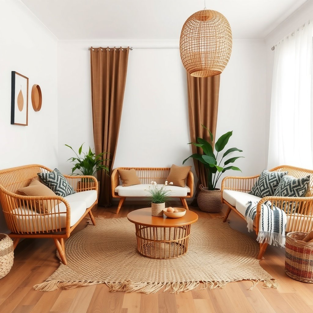 A stylish boho chic summer living room with rattan furniture accents.