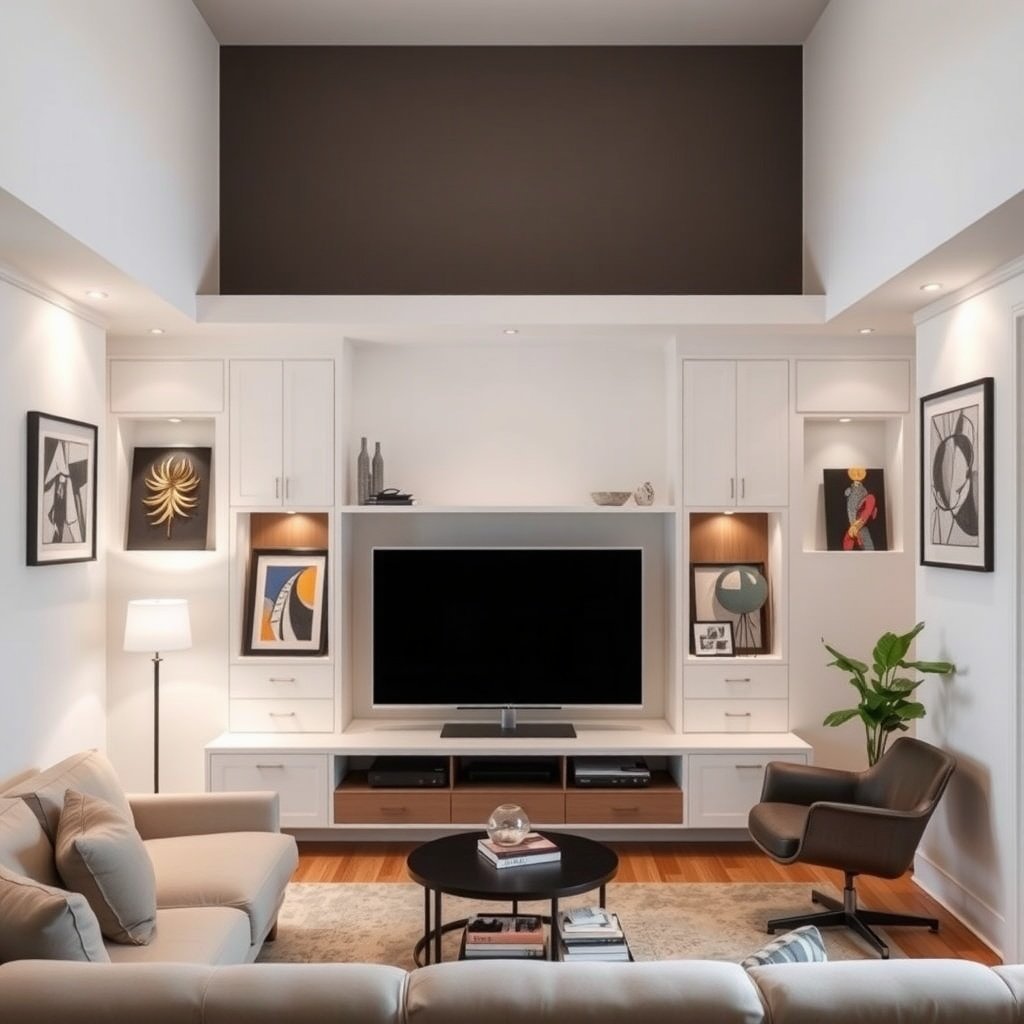 Stylish living room with recessed wall niches for storage and display.