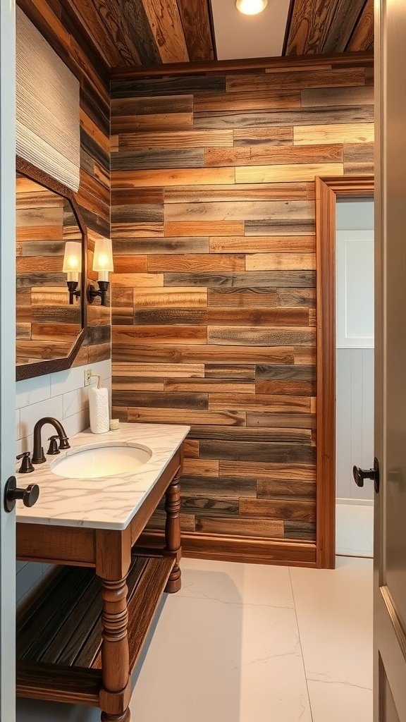 Bathroom featuring reclaimed wood walls and marble countertops