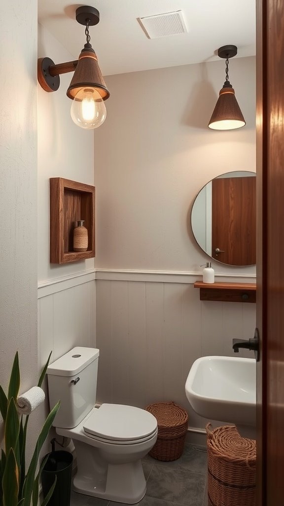 A bathroom featuring reclaimed wood light fixtures, creating a warm and inviting atmosphere.