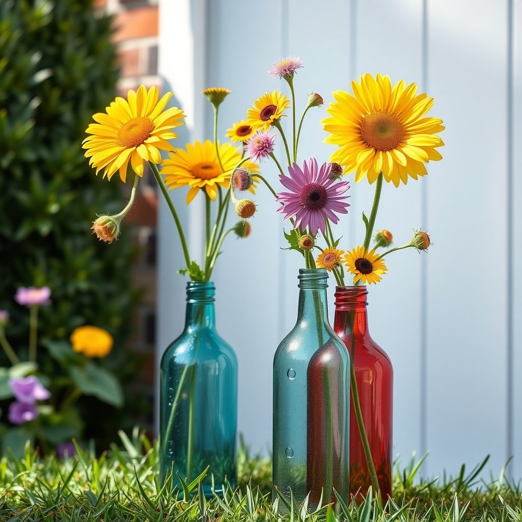 Colorful glass bottles with flowers in a garden setting