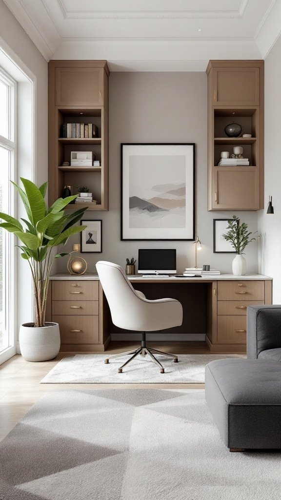 A modern home office corner featuring a desk, comfortable chair, and shelves.