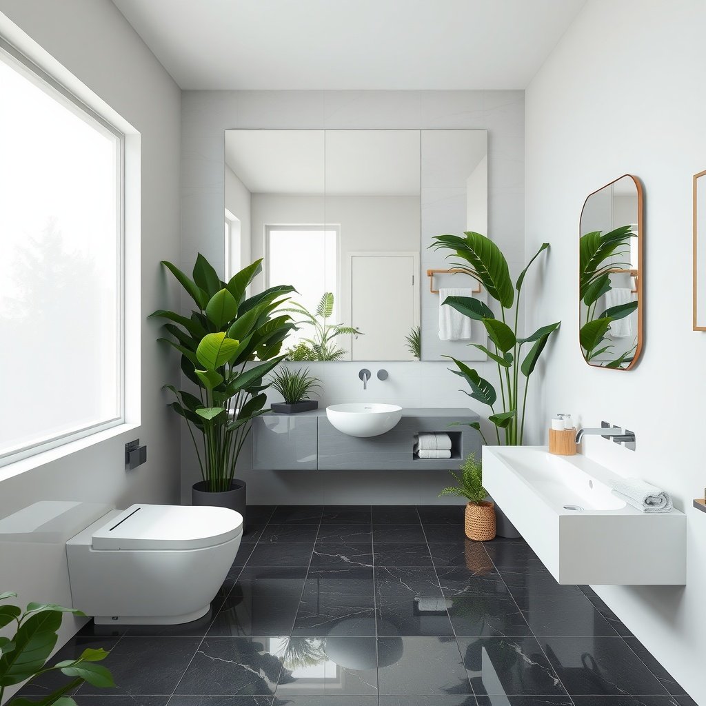 A modern bathroom featuring plants, mirrors, and elegant fixtures.