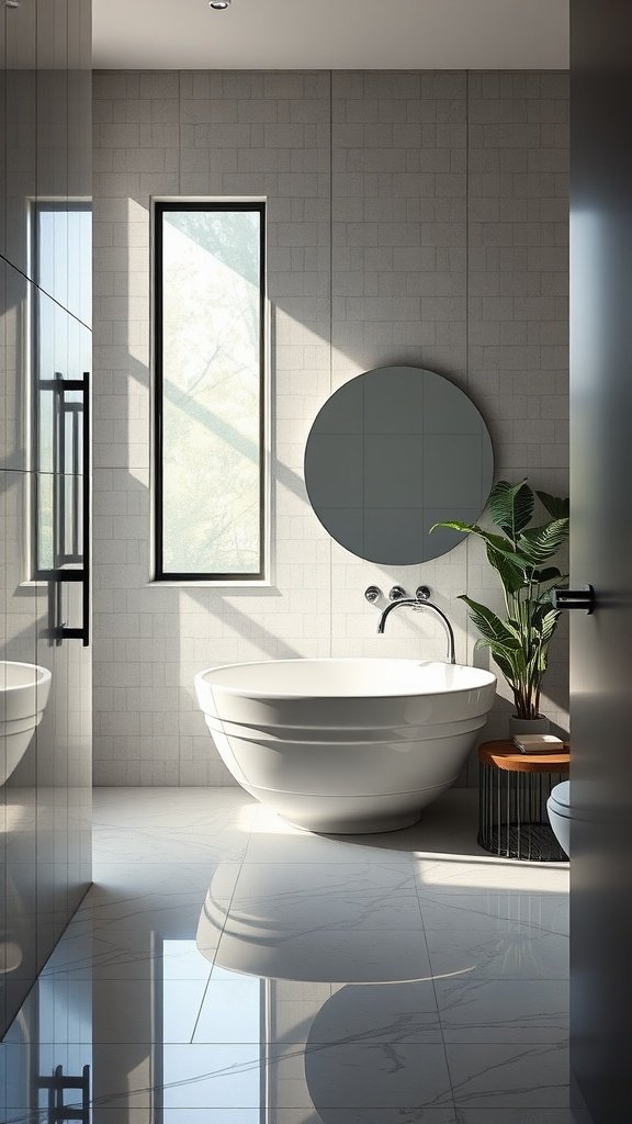 Bright and modern bathroom featuring reflective surfaces and a stylish tub.