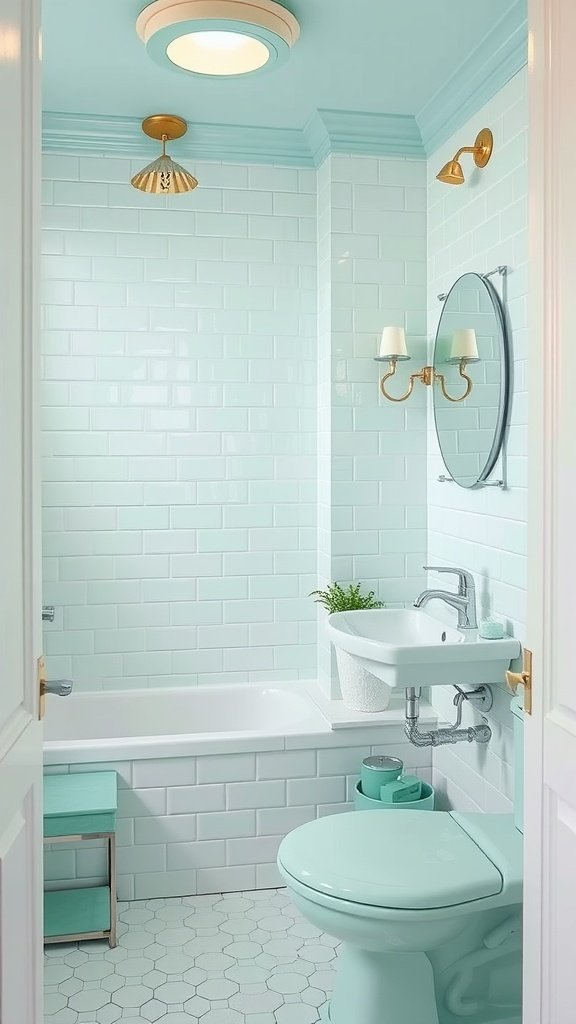 A mint green bathroom featuring fixtures and accessories.