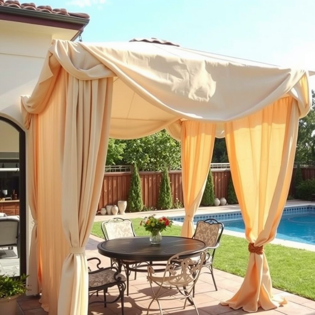 A cozy outdoor patio with a beige and orange canopy over a round table and chairs.