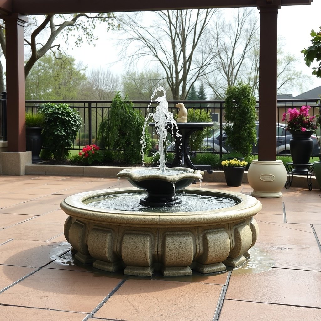 A beautiful patio water fountain surrounded by greenery and flowers.