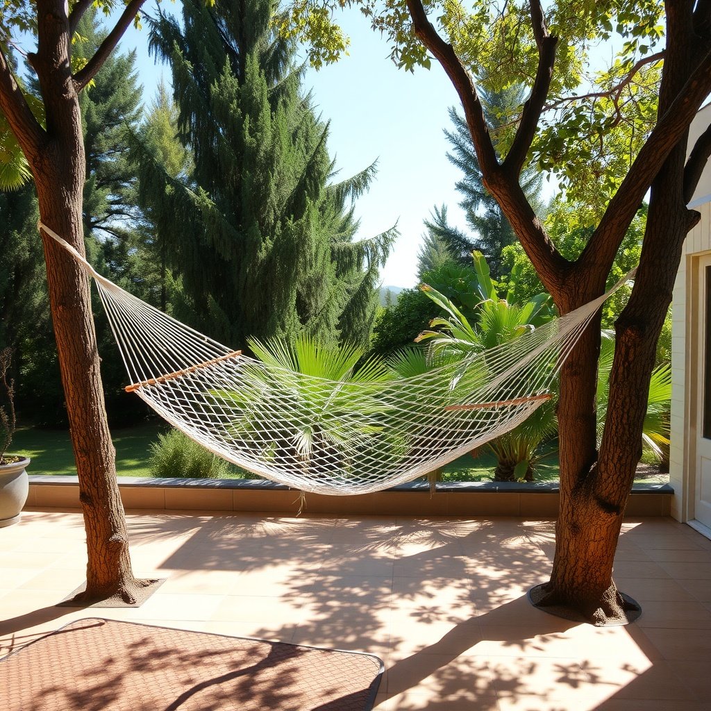 A hammock suspended between two trees in a sunny outdoor setting.