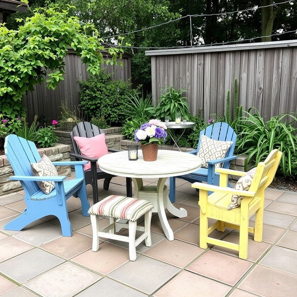 A cozy patio setup with repurposed furniture, including a white chair and a blue chair, paired with potted plants.