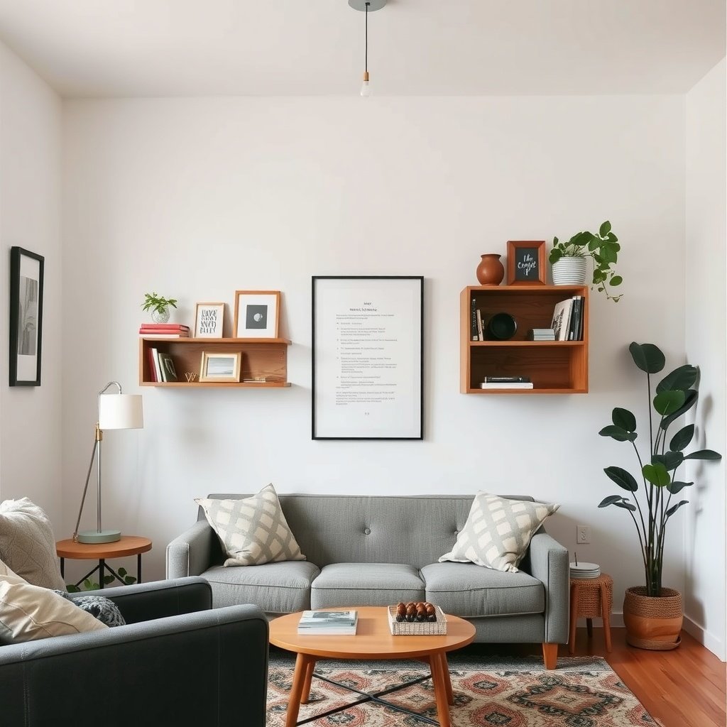 A cozy living room with repurposed furniture used as shelves, featuring a comfortable sofa, stylish side tables, and decorative plants.