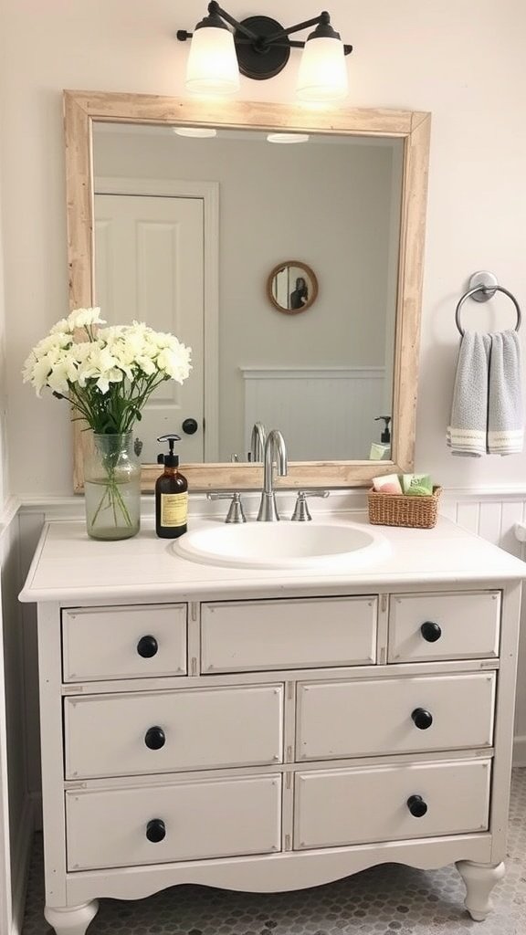 A repurposed furniture piece serving as a bathroom vanity with a sink.