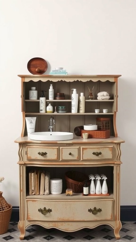 A vintage dresser repurposed into a sink vanity with shelves and drawers for storage in a bathroom.