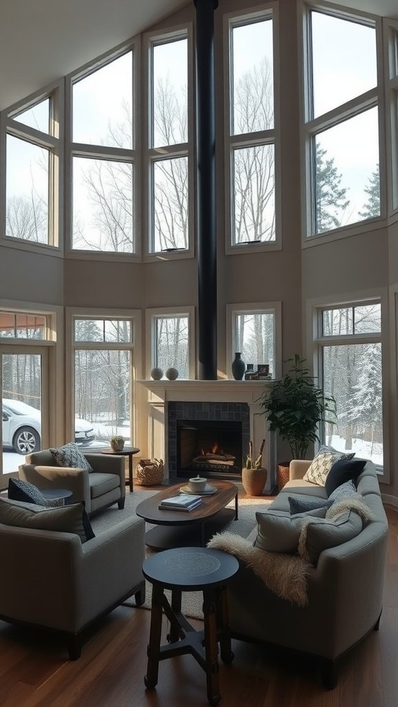 Cozy living room with floor-to-ceiling windows, plush seating, and a fireplace.