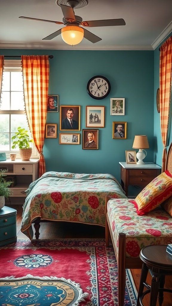 A cozy retro bedroom featuring bright colors and vintage decor items
