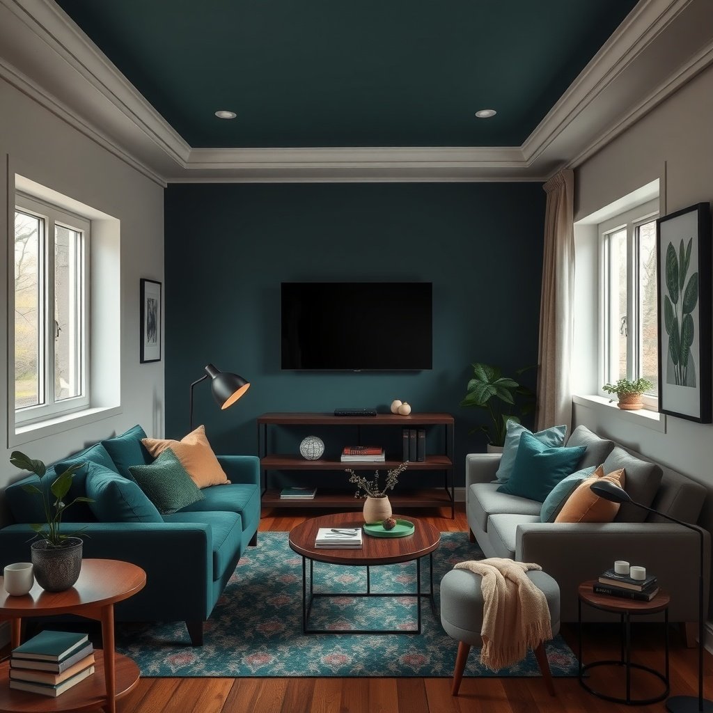 A small living room featuring rich jewel tones with teal furniture and dark walls.