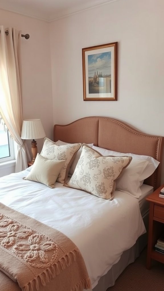 A cozy bed with colorful throw pillows and a warm blanket in a small bedroom.