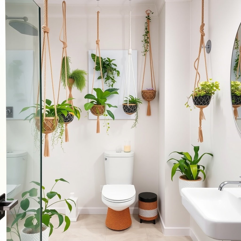 A modern bathroom with rope hanging plant displays and greenery.
