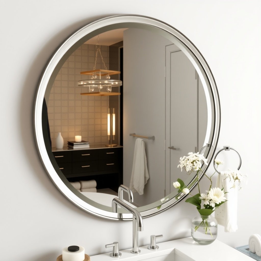 Round mirror with a beveled edge reflecting light in a modern bathroom