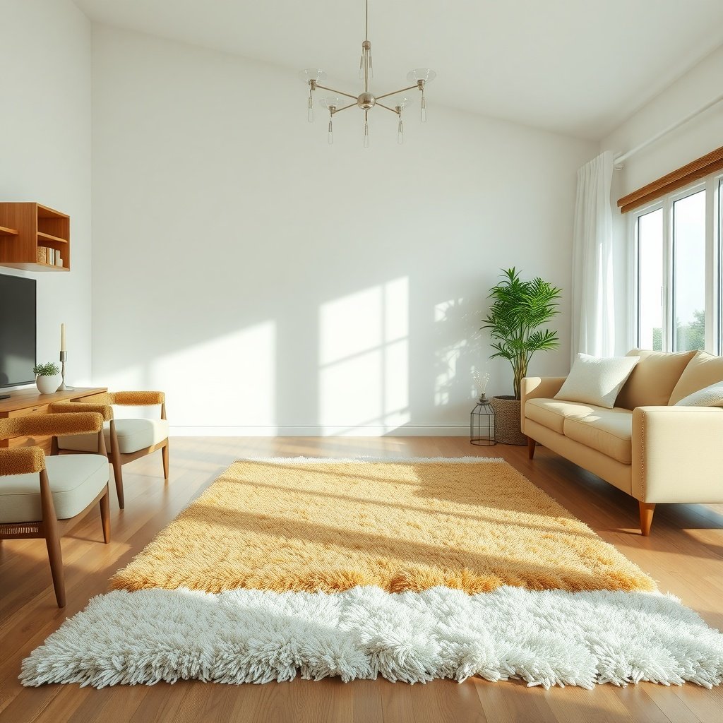 A bright living room featuring a plush yellow and white rug, a sofa, and chairs arranged around it.