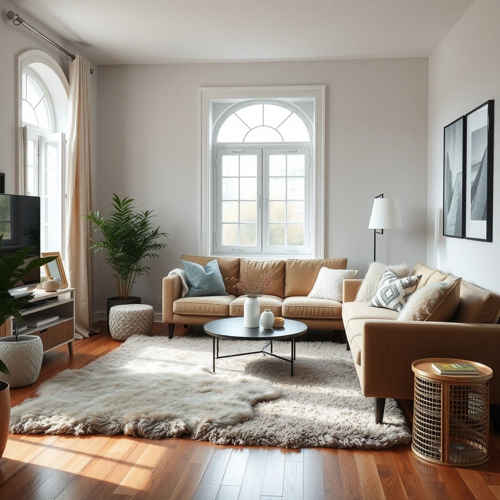 A cozy living room featuring a plush rug, comfortable sofa, and natural light from large windows.