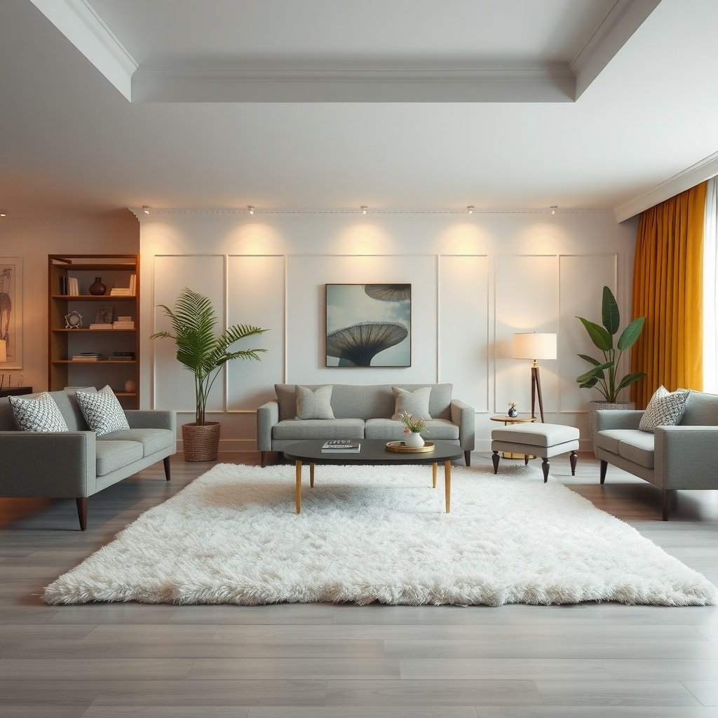 A cozy living room with plush rug, soft seating, and stylish decor.