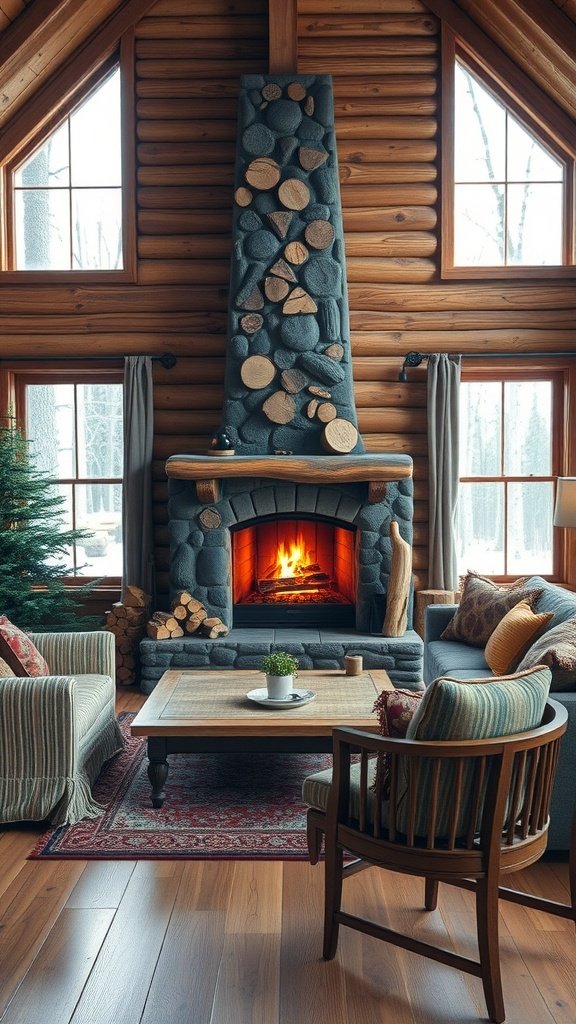 Cozy living room with stone fireplace, log accents, and plush seating.