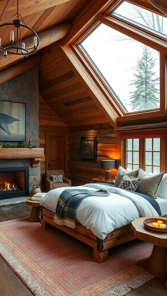 A rustic cabin bedroom featuring warm wood tones, a fireplace, and cozy textiles.