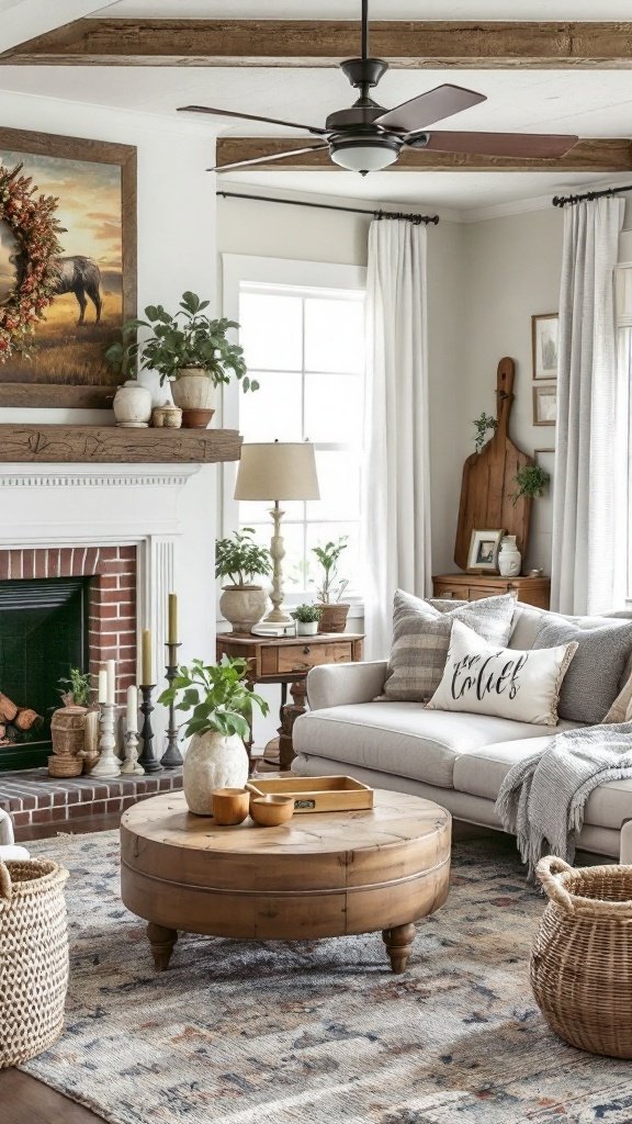 A cozy living room with rustic farmhouse elements, featuring wood beams, a fireplace, and vintage decor.